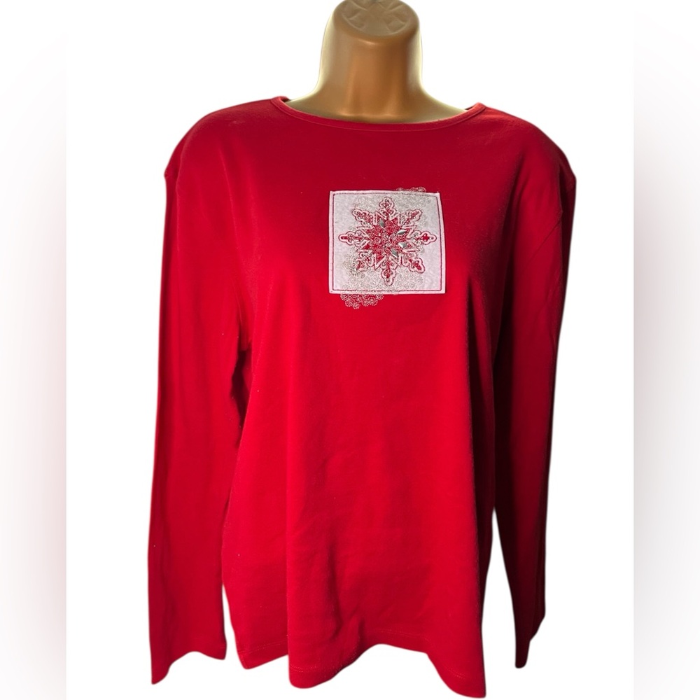 Y2K Christmas M&C Sportswear Red Snowflake Embroidered Long Sleeve Shirt XL